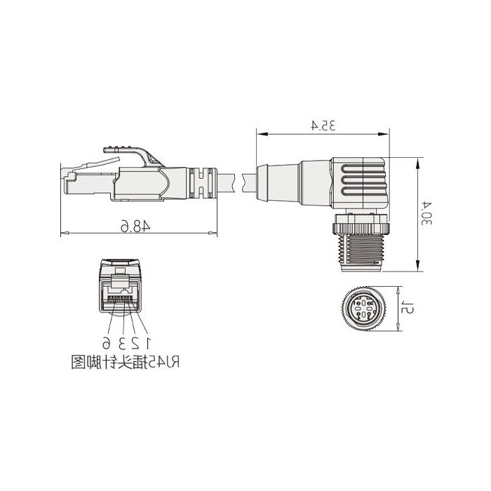 M12 4Pin D-coded male 90° turn RJ45 Male straight, double-ended precast PUR flexible cable, shielded, yellow sheath, 0C4592-XXX