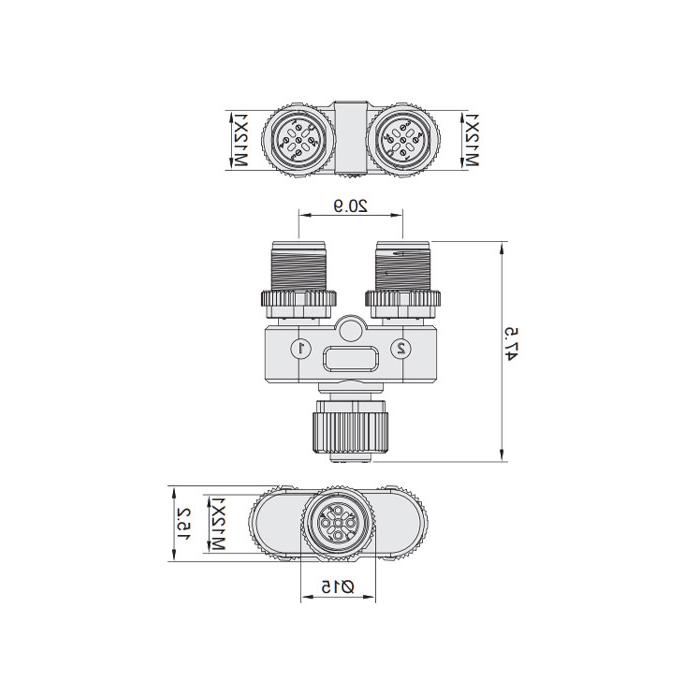 M12 5Pin female /2M12 5Pin male, Tee, 644456